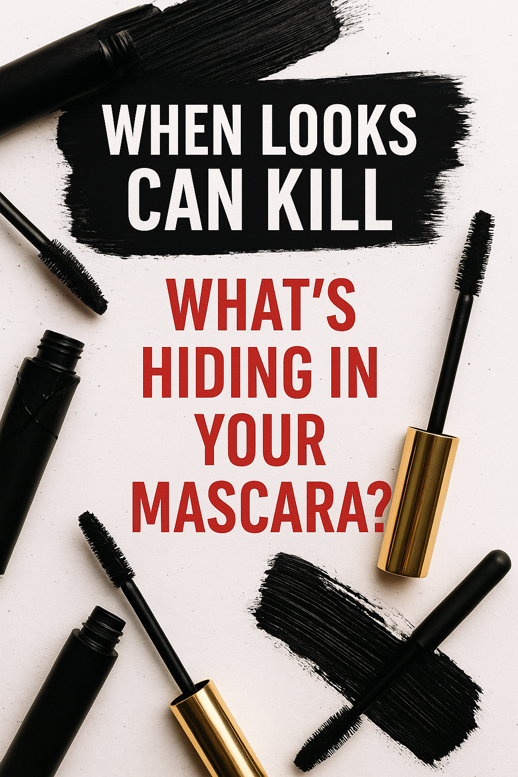 Mascara products with bold text: When Looks Can Kill - Toxic ingredients in mascara